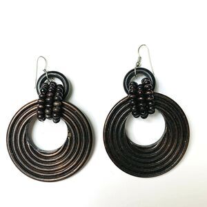 Wood Hoop Earrings Brown Large Flat Rounds 3 Bead Strand Connectors Beach Boho